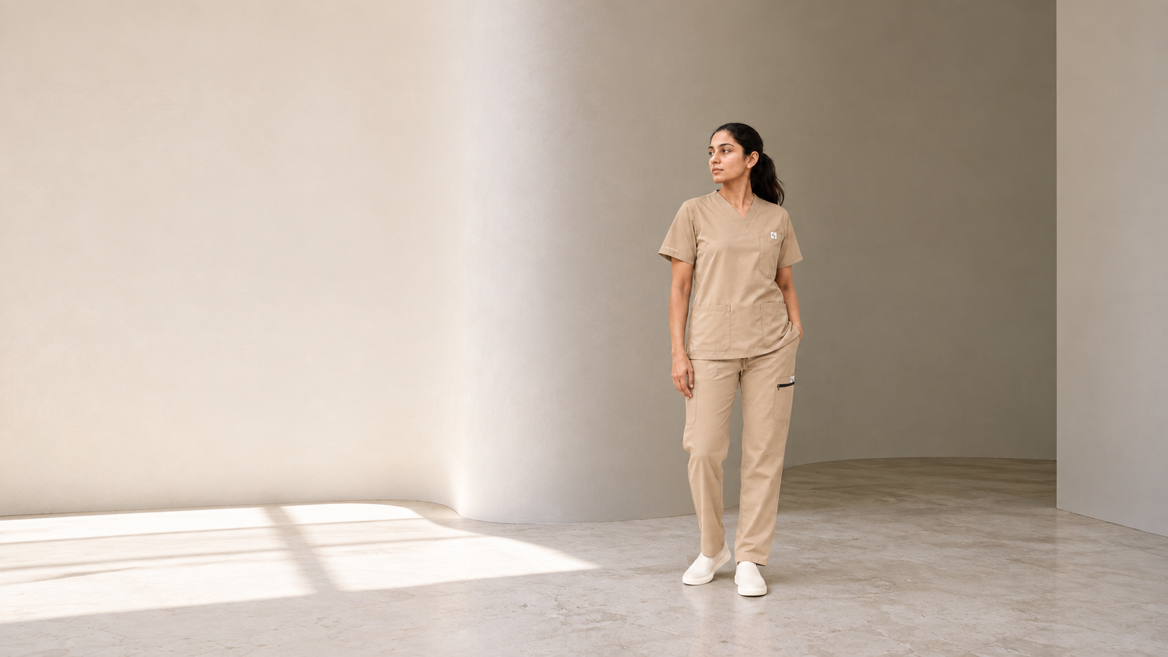Core Ease everyday scrub set in a clean clinical setting