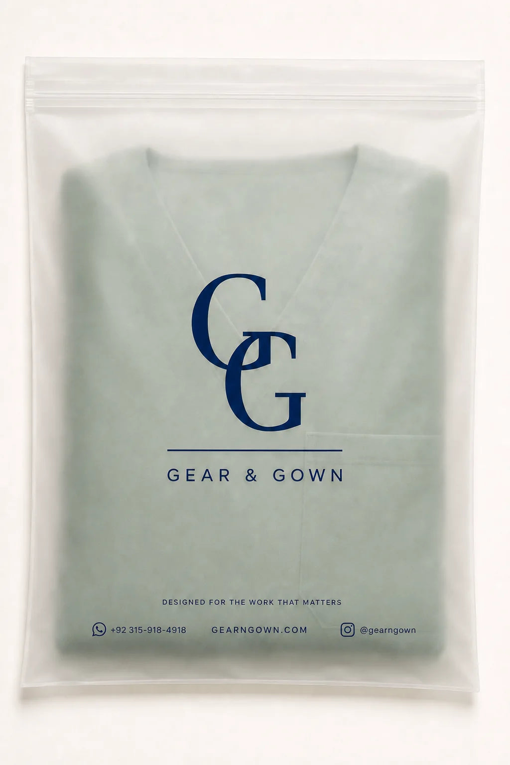 Gear & Gown frosted packaging with navy monogram